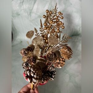 Gold Glitter Pinecone & Berry Pick – Christmas Floral Stem 15”